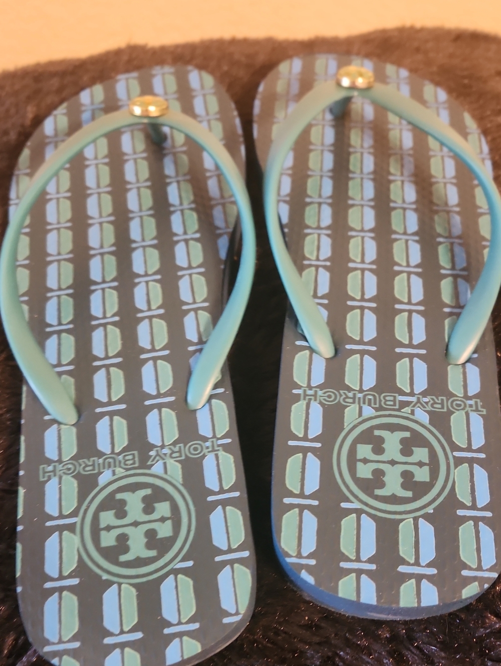 Tory Burch Navy and Aqua Logo Pattern Flip Flops